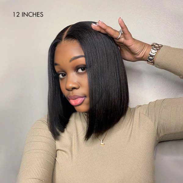 center wig natural black remy hair 5x5 lace closure straight bob human hair wig